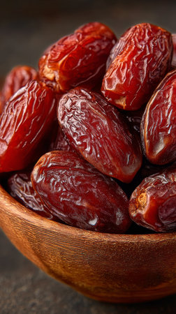 Ripe dates fill a rustic wooden bowl, their deep, rich color and wrinkled texture inviting the viewer. Natural light enhances their appeal, perfect for a healthy snack or recipe.の素材