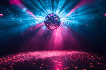 A shimmering disco ball stands at the center of a dance floor, reflecting bright lights in various hues. The venue buzzes with excitement and energy, perfect for a night out.の素材
