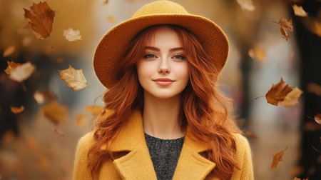 A woman with long red hair wears a warm yellow coat and matching beanie, smiling as colorful autumn leaves swirl around her in a serene park setting on a sunny day.の素材