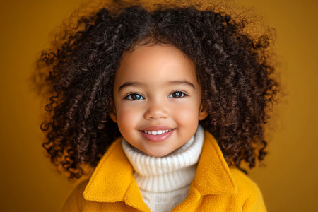 A joyful young girl with curly hair smiles brightly while dressed in a yellow jacket and white sweater, set against a warm, vibrant backdrop.の素材