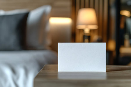 A blank card is placed on a wooden table in a modern hotel room. Soft lighting and stylish decor create a relaxing ambiance for guests seeking comfort and tranquility.の素材