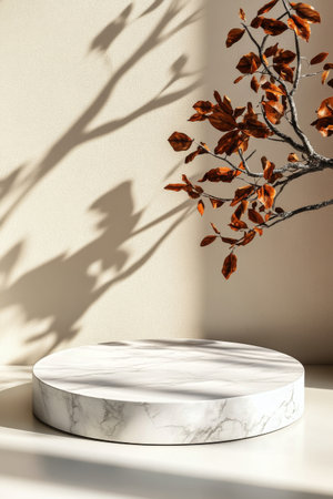 A circular marble display sits on a smooth surface, adorned with dried leaves. Natural light casts soft shadows, creating a calm and stylish ambiance in the indoor setting.の素材