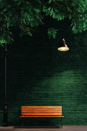 A wooden bench sits beside a vintage lamp post, softly illuminated against a rich teal brick wall, creating a serene atmosphere in an urban environment.の素材