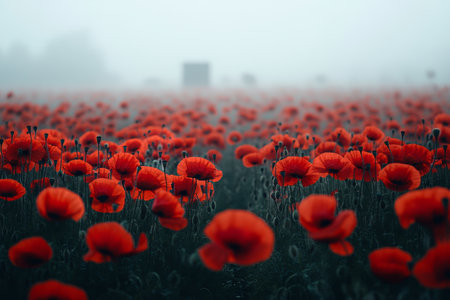 A vast field filled with bright red poppy flowers is shrouded in morning mist. Soft sunlight gently illuminates the scene, creating a serene and enchanting atmosphere.の素材