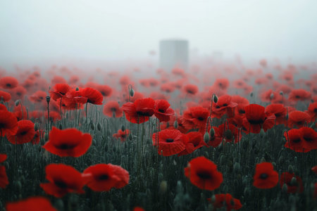 Bright red poppies fill a foggy field, creating a stunning visual.の素材