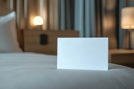 A tranquil hotel room features a soft bed with a white card placed on the quilt, offering a cozy atmosphere. Warm light from the lamp creates a comforting ambiance.の素材
