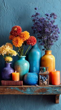 Brightly colored vases filled with flowers and candles are arranged on a rustic shelf.の素材