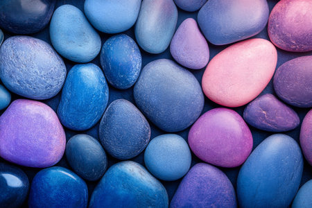Smooth pebbles showcase a vibrant array of colors, including blue, purple, and pink, creating an eye-catching display on a flat backdrop.の素材