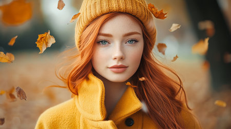 A woman with long red hair wears a warm yellow coat and matching beanie, smiling as colorful autumn leaves swirl around her in a serene park setting on a sunny day.の素材