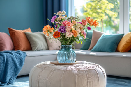 A vibrant flower bouquet sits in a glass vase on a soft table, surrounded by colorful cushions in a bright, inviting living space with natural light.の素材
