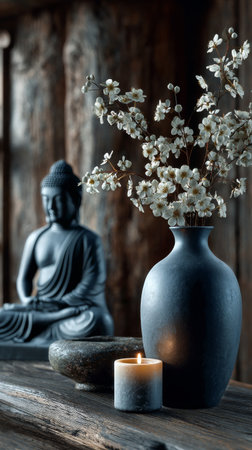 Calm atmosphere features a Buddha sculpture, white flowers in a vase, and a lit candle on a wooden table in a peaceful setting. Soft light enhances the serene mood.の素材