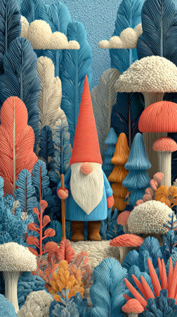 A gnome with a yellow hat strolls through a lively autumn forest filled with colorful trees and oversized mushrooms, showing the beauty of nature during this magical season.の素材