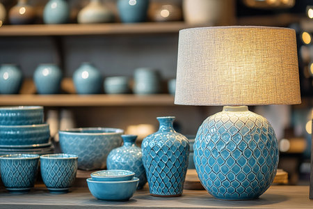 Beautiful ceramic pieces and a stylish lamp create a warm atmosphere in a pottery store during the afternoon. Various shapes and sizes are showcased on wooden shelves.の素材