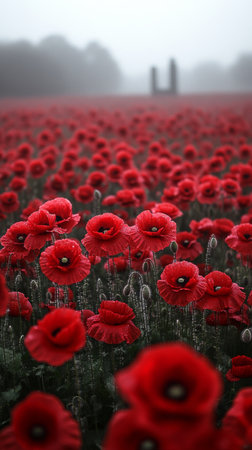Bright red poppies cover a field in misty conditions during early morning. A solitary figure stands in the background, creating a contrast with the colorful flowers.の素材