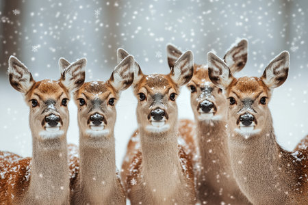 A group of five deer stands closely together in a snowy forest, surrounded by gently falling snowflakes. The scene captures the serenity of winter wildlife.の素材