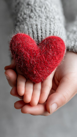 Two hands gently cradle a red heart, symbolizing love and care. The cozy atmosphere adds warmth to the gesture, reflecting deep affection and connection.の素材