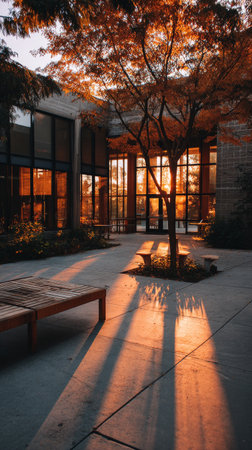 Sunlight filters through a courtyard at sunset, illuminating trees and creating long shadows on the pathway. The serene environment invites relaxation and reflection.の素材