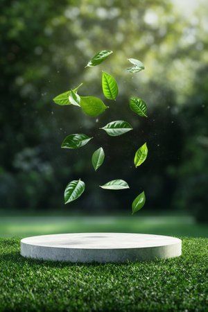 Bright green leaves hover gracefully above a smooth stone platform surrounded by vibrant greenery, capturing the essence of nature in a serene forest atmosphere.の素材