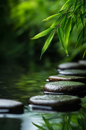 Stepping stones create a pathway across calm water, surrounded by lush bamboo leaves. A droplet hangs from the foliage, enhancing the peaceful atmosphere.の素材