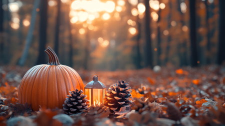 A decorative arrangement featuring a pumpkin, pinecones, and a lantern is set among vibrant autumn leaves in a forest during sunset, creating a warm and inviting atmosphere.の素材