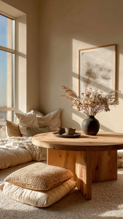 Warm sunlight filters through large windows, illuminating a wooden table adorned with a vase of dried flowers and two cups, surrounded by plush cushions and a serene atmosphere.の素材