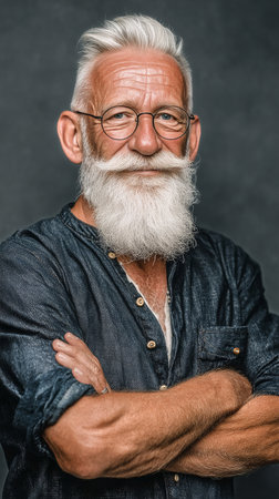 This portrait features an elderly man with a striking white beard and glasses. He stands confidently with crossed arms, wearing a casual button-down shirt, against a dark background.の素材