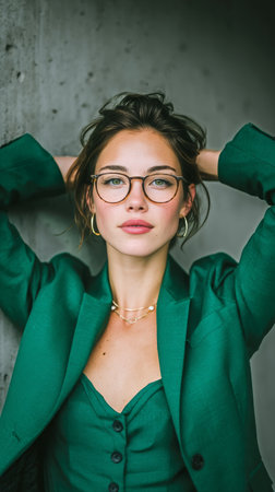 A young woman wearing a green outfit and glasses poses with her hands behind her head. Her expression is relaxed and confident against a neutral background.の素材