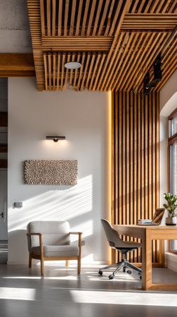 This workspace features a stylish desk and ergonomic chair, complemented by wooden panels and warm sunlight pouring through large windows, creating a welcoming atmosphere.の素材