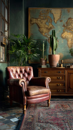 A vintage leather chair complements a room filled with greenery and warm wood textures, featuring a world map and decorative pots, creating a cozy, inviting atmosphere.の素材