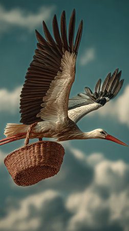 A stork soars through a bright blue sky, clutching a woven basket in its beak. Fluffy clouds dot the landscape, adding to the serene atmosphere of this beautiful flight.の素材