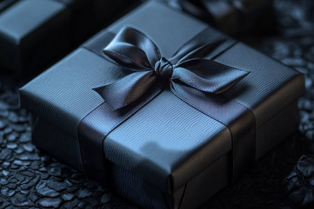 A neatly wrapped black gift box is centered on a dark textured surface, featuring a sleek satin ribbon tied in a bow. This setup evokes a sense of mystery and anticipation.の素材