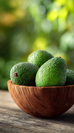 A wooden bowl holds several fresh green avocados, glowing in natural light. The background features blurred greenery and soft sunlight, creating a tranquil and organic atmosphere.の素材