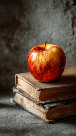 A red apple sits atop a stack of vintage books in a warm indoor space, highlighting the contrast between the fruit and the textured background.の素材