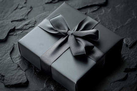 A neatly wrapped black gift box is centered on a dark textured surface, featuring a sleek satin ribbon tied in a bow. This setup evokes a sense of mystery and anticipation.の素材
