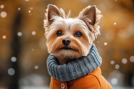 A small dog wearing a cozy gray scarf poses amidst autumn foliage. The vibrant leaves create a warm backdrop while snowflakes gently rest on the dogs head.の素材