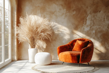 Bright sunlight filters through large windows, illuminating a stylish orange armchair and a white pouf beside an elegant decorative plant in a modern interior.の素材