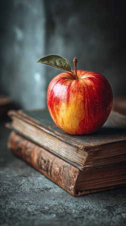A bright red apple with golden stripes is placed atop two neatly stacked books. The warm indoor lighting creates a cozy atmosphere, suggesting a peaceful study environment.の素材
