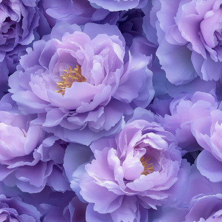 Vibrant purple peonies fill the view, showing delicate petals and golden centers in a garden, highlighting the beauty of spring flowers in full bloom.の素材
