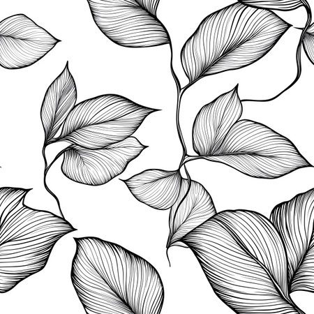 Delicate leaves with intricate veining intertwine on a plain white background, creating a stunning monochrome pattern that highlights natural beauty and artistry.の素材