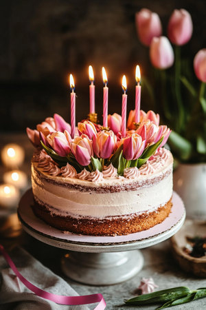 A beautifully decorated cake with pink tulips and candles stands on a pedestal in a warm, inviting kitchen. The setting is perfect for a birthday celebration or gathering.の素材