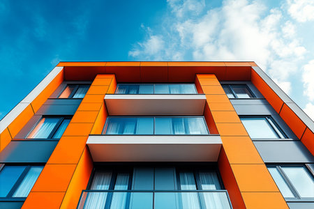 A contemporary building features vibrant orange panels and spacious windows. The structure stands tall against a backdrop of scattered clouds, reflecting modern architecture.の素材