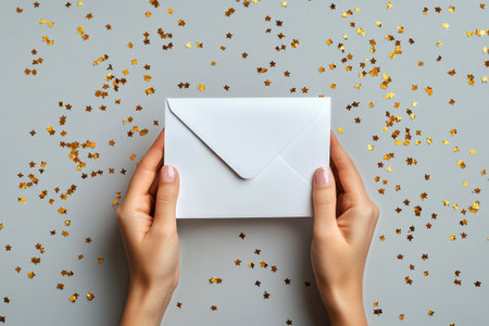 Two hands hold gently a white envelope positioned on a gray table adorned with sparkling golden star confetti, creating a cheerful ambiance for a celebration.の素材