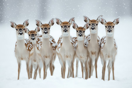 A group of five deer stands closely together in a snowy forest, surrounded by gently falling snowflakes. The scene captures the serenity of winter wildlife.の素材