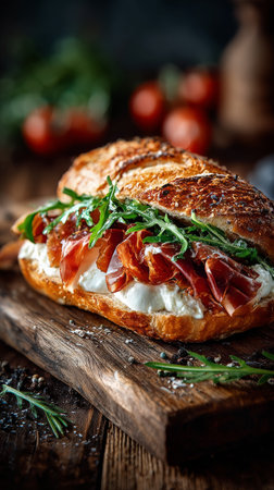 A delicious sandwich stacked with cured meat, fresh arugula, and creamy spread sits on a rustic wooden board, surrounded by vibrant tomatoes and herbs, creating an appetizing display.の素材