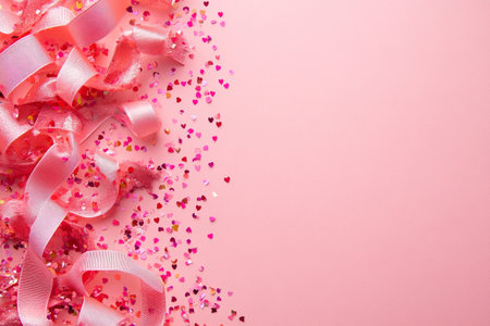A pink background decorated with shiny heart-shaped confetti and curled ribbons in shades of pink, perfect for party themes and celebrations.の素材