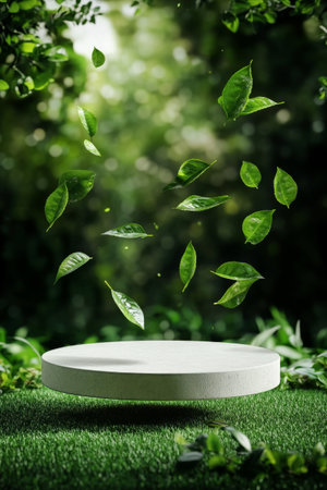 Bright green leaves hover gracefully above a smooth stone platform surrounded by vibrant greenery, capturing the essence of nature in a serene forest atmosphere.の素材