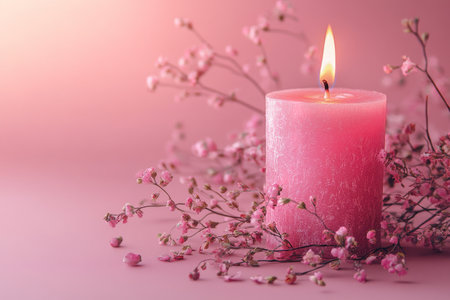 A soft pink candle burns gently on a light surface, adorned with delicate flowers. This arrangement evokes calmness and peace, perfect for relaxation and reflection.の素材