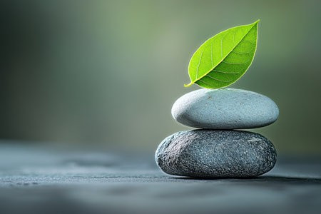 Smooth stones are carefully stacked with a small green leaf growing from the top. The soft lighting creates a calming atmosphere, enhancing the sense of balance and tranquility.の素材