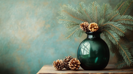 Green vase filled with lush pine branches and decorative pinecones sits on a wooden table against a textured backdrop, creating a calming and rustic atmosphere.の素材