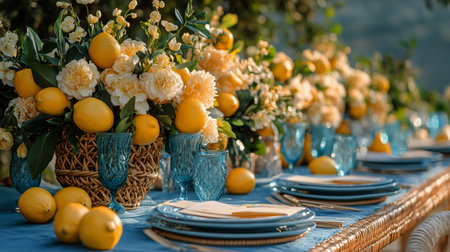 A beautifully arranged outdoor table features vibrant floral centerpieces and ripe lemons, illuminated by soft, warm sunlight during the evening, creating a delightful atmosphere.の素材